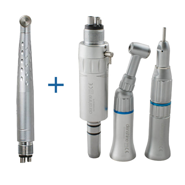 Dental Low-Speed Handpiece Kit Slow Push Button Contra Angle +4 Hole Dental High-Speed LED 3 Water Spray with Oval Handle