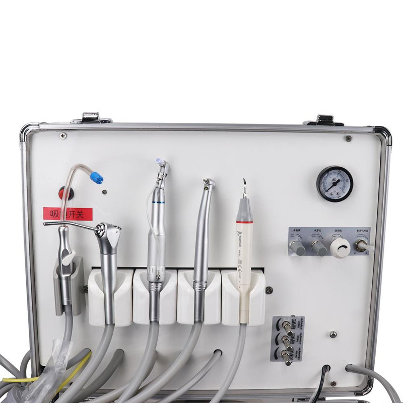 Portable dental unit with built-in ultrasonic scaler and oil-free air compressor motor