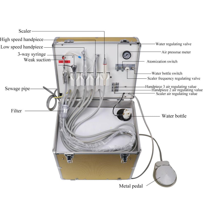 Portable dental unit with built-in ultrasonic scaler and oil-free air compressor motor