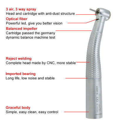 Dental High Speed Handpiece LED Fiber Optic With Quick Coupling 3 Way Spray