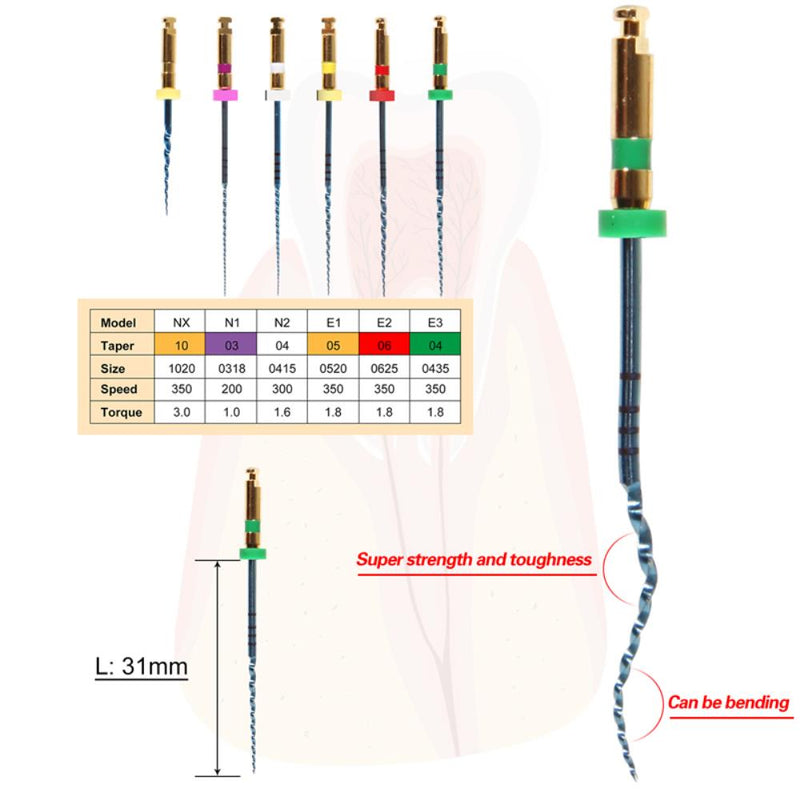 Dental NiTi Super Root Canal File Rotary 31mm Tip Diverse Spiral Flute Angle